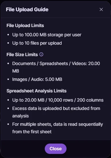 Upload Guide showing supported formats and file limits